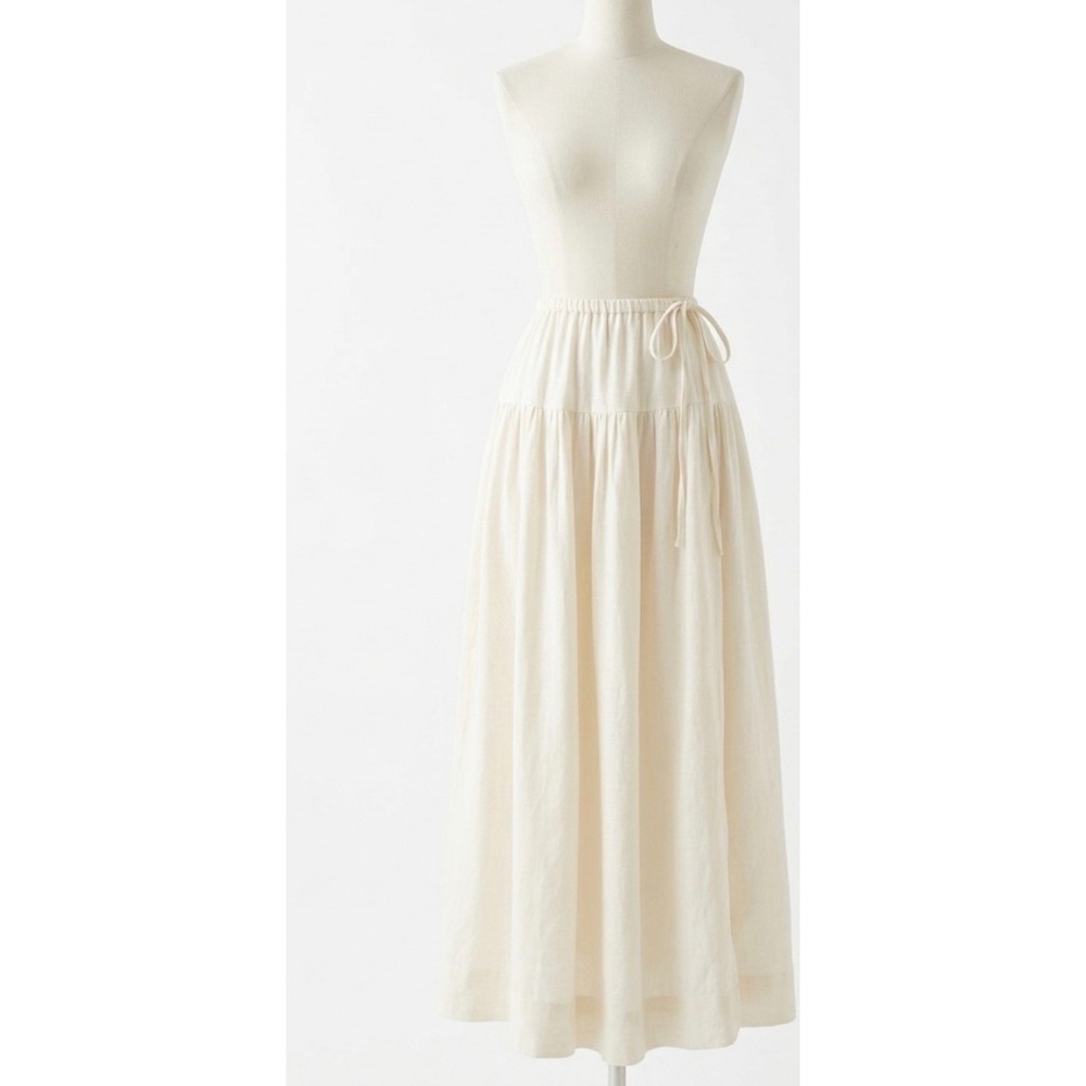 Free-est Linen Blend Maxi Skirt Cream Tie Waist Boho Casual Flowy Beach Size M